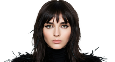 Close-up portrait of a woman with dark hair and striking makeup.