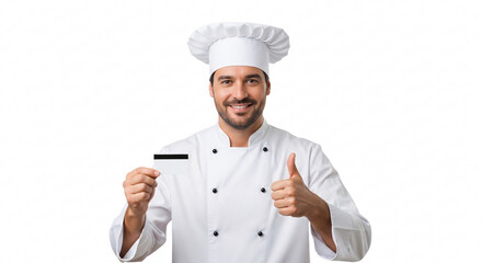 Happy Cook in Uniform with Blank ATM Card Showing Success on White Background.