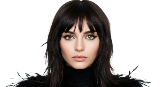 Close-up portrait of a woman with dark hair and striking makeup.