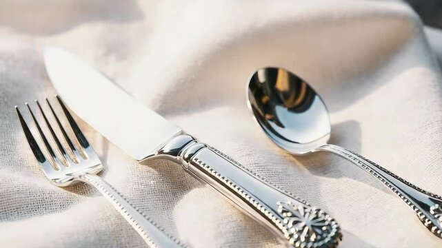 Elegant silverware set featuring a knife, fork, and spoon on a linen cloth