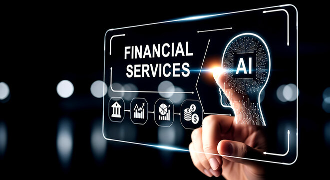 Hand touching A I head icon with financial services data on screen artificial intelligence - Powered by Adobe
