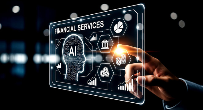 Hand touching digital screen displaying A I financial services with icons for banking and currency interface
