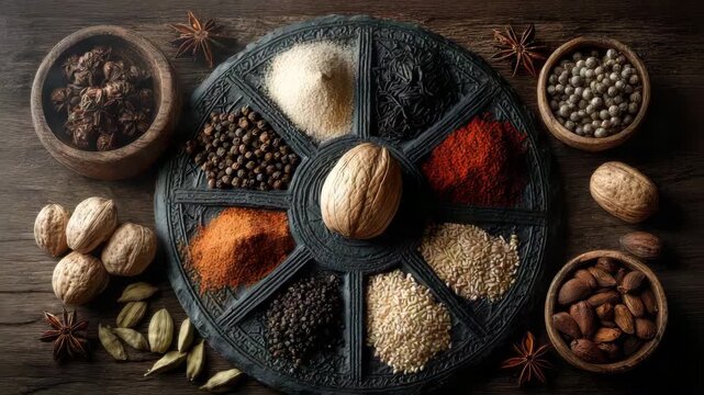 spice wheel layout, spice wheel concept, spice wheel photography, spice wheel, vintage culinary, natural seasoning

