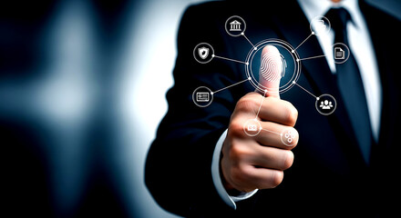 Man in suit touches fingerprint scanner with digital icons representing security and data image