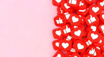 Pile of red social media like and heart icons on pink background image