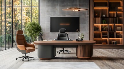 Fototapeta premium Modern Stylish Office Interior with Elegant Desk and Cozy Seating