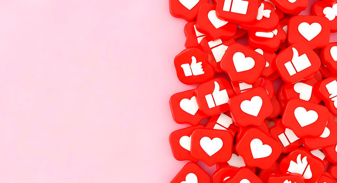 Pile of red social media like and heart icons on pink background image - Powered by Adobe