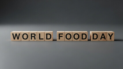 A minimalist photograph of wooden letter blocks spelling out the word "  World food day
" arranged in a straight line on a dark gray background. 