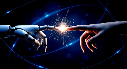 Robot finger and human finger touching with sparks and blue light trails hand