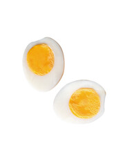 Top view set of cooked or boiled chicken eggs with egg yolk in two halves isolated with clipping path in png file format