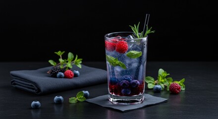 Elegant Berry and Herb Infused Water in Clear Glass with Minimal Café Display Style