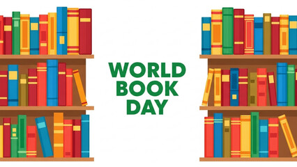 A cheerful and colorful flat-style illustration for World Book Day. Two wooden bookshelves are filled with upright books in various bright colors and patterns. 