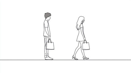 Couple standing and walking with shopping bags.