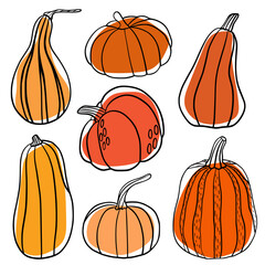 Line art pumpkin set. Minimalist autumn and Halloween collection with various pumpkins in different shapes. Perfect for seasonal decoration, prints, stickers, cards, and packaging.
