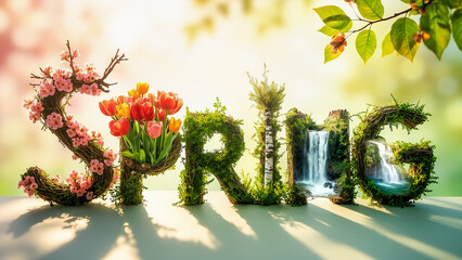 Spring Season Concept with Flowering Letters, Nature and Freshness Symbol, Springtime Theme with Flowers and Waterfall

