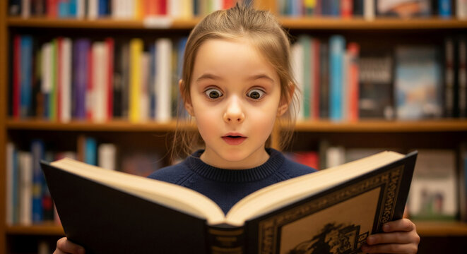 Surprised girl reading book in library, wide open eyes and mouth showing amazement,  illustrating child's wonder and love of reading