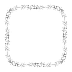 A detailed outline of olive branches and leaves arranged in a square frame. The monochrome design is perfect for invitations, greeting cards, or art projects, adding an elegant touch.