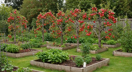 Fototapeta premium Apple Trees Over Garden Beds in a Cozy Home Backyard