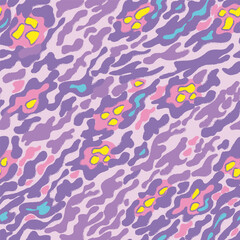 Seamless pattern of fantastic animal, camouflage pattern. Bright stripes and spots of purple and pink, yellow and blue dots in a random order on a pink background