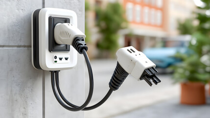 electric car charging station on a building wall, the charger is white, a symbol of eco-friendly transport