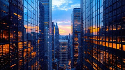 Urban cityscapes at dusk, skyline with skyscrapers, glowing windows, traffic lights, modern buildings, city life, metropolitan view, architectural structure, downtown scenery