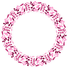 A vibrant round design featuring various pink leaves arranged in a symmetrical pattern on a white background. The decoration adds a fresh and lively touch to any setting.