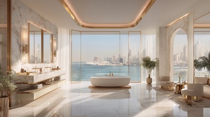 Fototapeta premium Luxurious bathroom with panoramic city views.