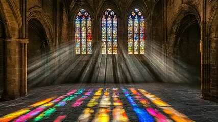 Sunlight streaming through stained glass windows in a cathedral - Powered by Adobe