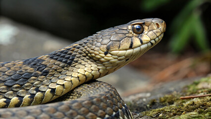 Fototapeta premium Close-up of a snake slithering through the wild grass, its scales and viper-like eye visible
