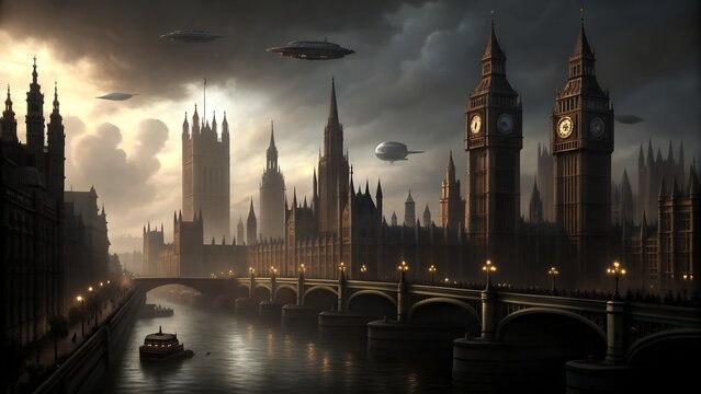London cityscape with big ben, bridge over river thames and ufo sightings in the cloudy sky above city