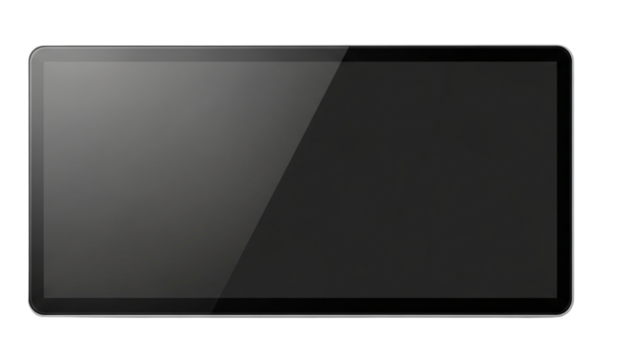 Black, frameless monitor or display screen. It's rectangular with rounded corners, reflecting light off the screen.