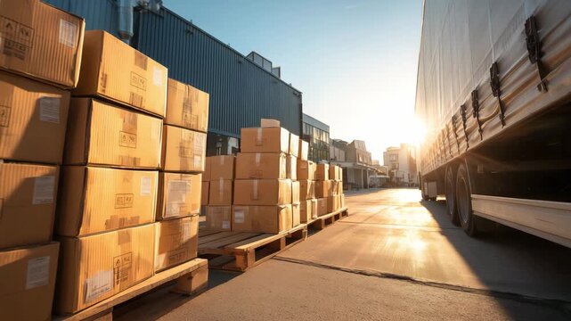 Cargo boxes during process of loading onto trucks at a shipping yard warehouse at sunset, showcasing logistics operations