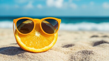 Sliced orange wearing sunglasses on a summer sandy beach with sea in the background