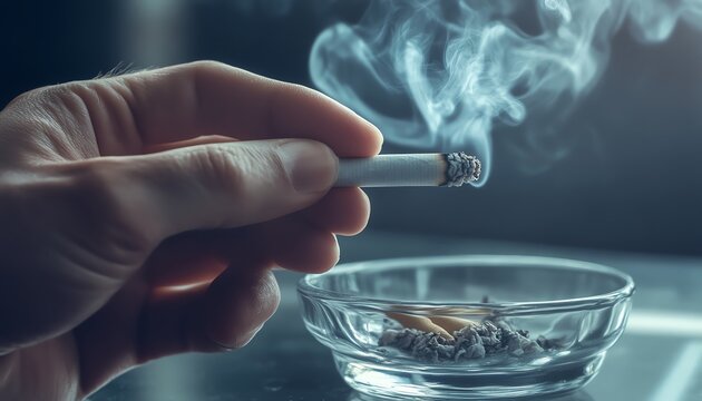 Cigarette smoke rises from a held cigarette.