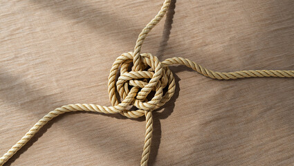 Obraz premium a thick beige rope intricately tied into a complex knot pattern against a smooth beige linen cloth background