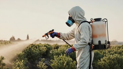 Farmer in protective suit spraying pesticide on crops in field