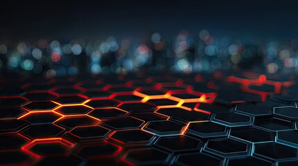 Geometric hexagons with glowing orange lines over a dark background.