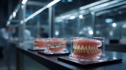 Display of prosthetic dentures in a laboratory setting, showcasing dental technology