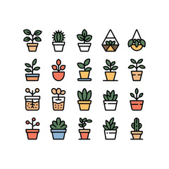 Collection of Twenty Colorful Houseplant Icons Featuring Various Potted Plants Succulents and Cactus in Diverse Pots and Hanging Planters