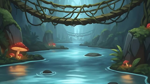 Winding cartoon jungle river background for magical game environments, cinematic animation, and fantasy story scenes