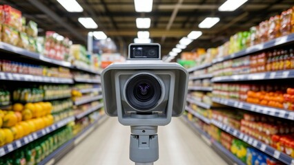 Security camera lens facing viewer amidst store aisle stacked with various colorful products, lighting creates a symmetrical pattern on the ceiling, conveying a sense of vigilance