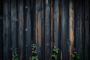 Dark wood planks with clinging greenery.