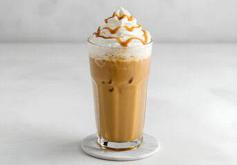 Iced coffee with whipped cream and caramel drizzle, served in a tall glass, isolated on a clean white background, soft, diffused lighting.