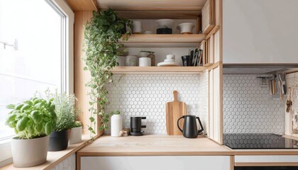 Modern kitchen corner with plants and wooden shelving.