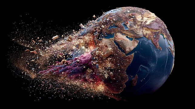 Dramatic disintegration of the earth globe with explosion effect on a black background