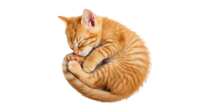 A ginger kitten curled up in a sleeping position.