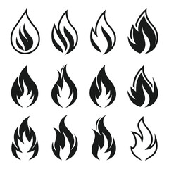 Collection of twelve black stylized flame icons on a white background fire symbol