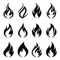 Collection of twelve black stylized flame icons on white background fire symbol 2