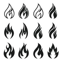 Collection of Twelve Black Stylized Flame Icons on White Background fire symbol 3