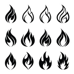 Collection of twelve black stylized flame icons on white background fire symbol 4